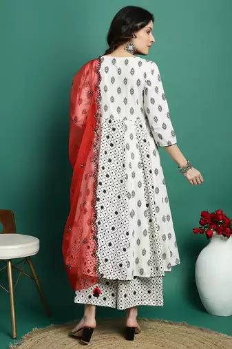Women white color embroidery a-line kurta palazzo with dupatta set