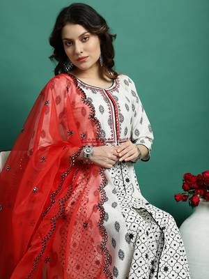 Women white color embroidery a-line kurta palazzo with dupatta set 4