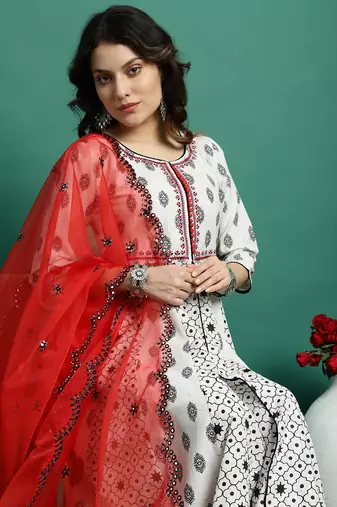 Women white color embroidery a-line kurta palazzo with dupatta set