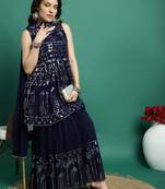 Women navy blue color embroidery kurta sharara with dupatta set
