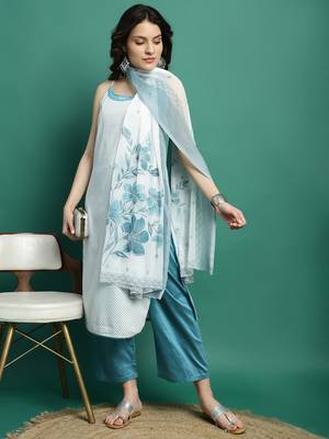 Women whie color embroidery cut sleeve kurta palazzo with dupatta set 1