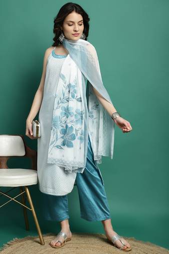 Women whie color embroidery cut sleeve kurta palazzo with dupatta set