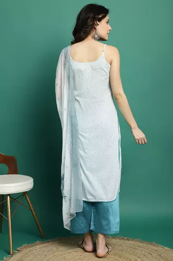 Women whie color embroidery cut sleeve kurta palazzo with dupatta set
