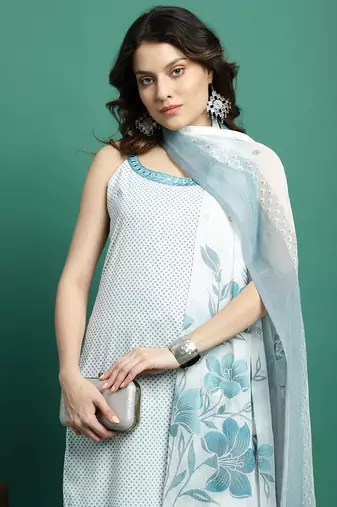 Women whie color embroidery cut sleeve kurta palazzo with dupatta set
