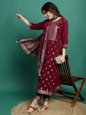 Women burgundy color self design kurta pant with dupatta set 1