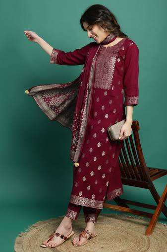 Women burgundy color self design kurta pant with dupatta set