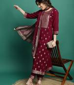 Women burgundy color self design kurta pant with dupatta set