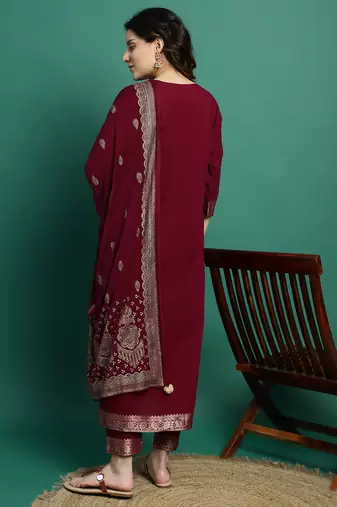 Women burgundy color self design kurta pant with dupatta set