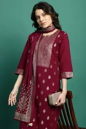 Women burgundy color self design kurta pant with dupatta set