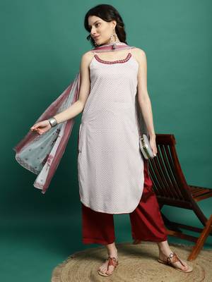 Women whie color embroidery cut sleeve kurta palazzo with dupatta set 1