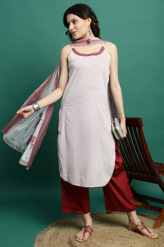 Women whie color embroidery cut sleeve kurta palazzo with dupatta set