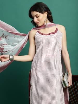 Women whie color embroidery cut sleeve kurta palazzo with dupatta set 4
