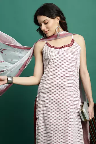 Women whie color embroidery cut sleeve kurta palazzo with dupatta set