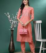 Women peach color embroidery kurta pant set