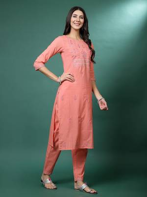 Women peach color embroidery kurta pant set 2