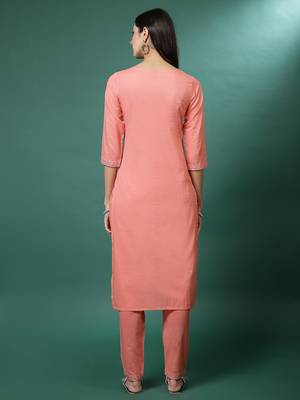 Women peach color embroidery kurta pant set 3