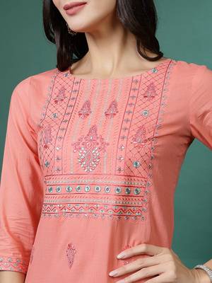 Women peach color embroidery kurta pant set 4