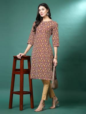 Women brown printed kurta pant set 1