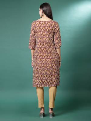 Women brown printed kurta pant set 3