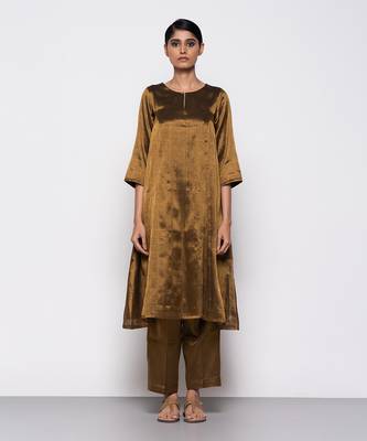 Handwoven copper a-line kurta set 1