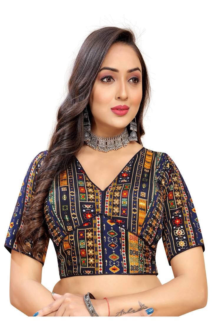 Navy Blue Cotton Softy Silk Foil  Readymade Blouse