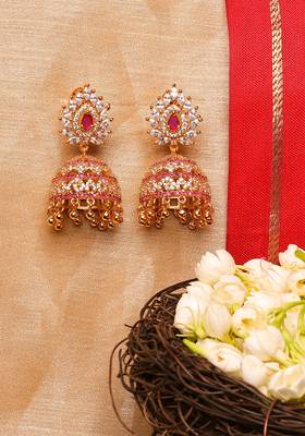 Gold-Plated Leafy Pink Stone Jhumka Earrings 1