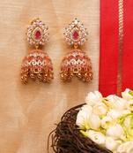 Gold-Plated Leafy Pink Stone Jhumka Earrings