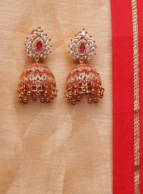 Gold-Plated Leafy Pink Stone Jhumka Earrings 2