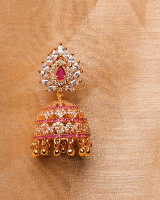 Gold-Plated Leafy Pink Stone Jhumka Earrings 3