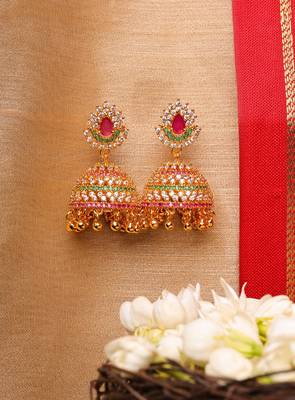 Gold-Plated Multicolor Beaded Jhumkas with Golden Bead Tassels 1
