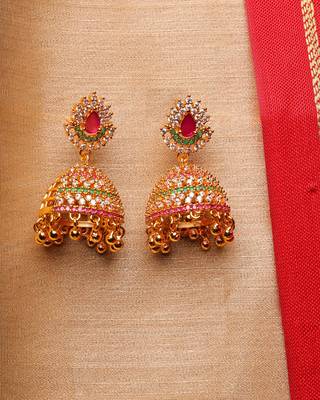 Gold-Plated Multicolor Beaded Jhumkas with Golden Bead Tassels 2