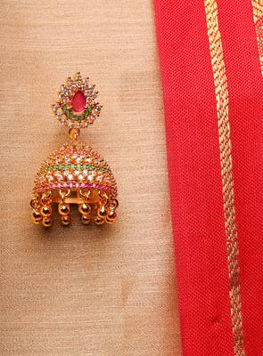 Gold-Plated Multicolor Beaded Jhumkas with Golden Bead Tassels 3