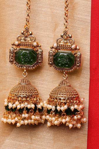 Green Stone Studded Jhumka with Chain