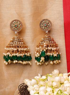 Traditional Gold Plated Jhumkas with Green Beads 1