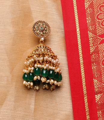 Traditional Gold Plated Jhumkas with Green Beads 2