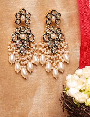 Kundan Earrings with White Stones and Green Accents 1