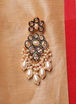 Kundan Earrings with White Stones and Green Accents 2