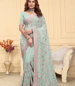 Sea green heavy resham embroidery work georgette saree