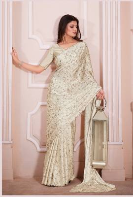 Cream hand work zarkan cut work border satin saree 1