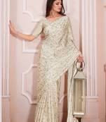 Cream hand work zarkan cut work border satin saree