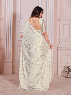 Cream hand work zarkan cut work border satin saree 2