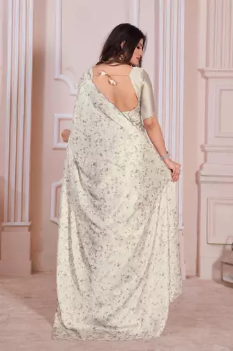 Cream hand work zarkan cut work border satin saree