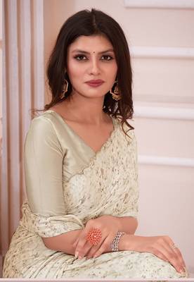 Cream hand work zarkan cut work border satin saree 4