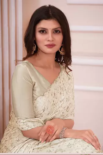 Cream hand work zarkan cut work border satin saree