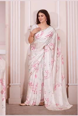 Off white hand work zarkan cut work border satin saree 1