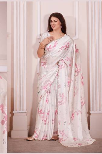 Off white hand work zarkan cut work border satin saree