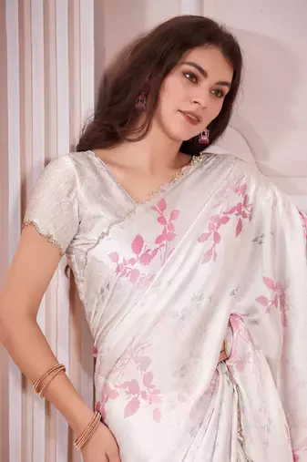Off white hand work zarkan cut work border satin saree