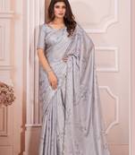 Grey hand work zarkan cut work border satin saree