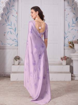 Lavender hand work zarkan cut work border satin saree 2