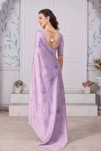 Lavender hand work zarkan cut work border satin saree
